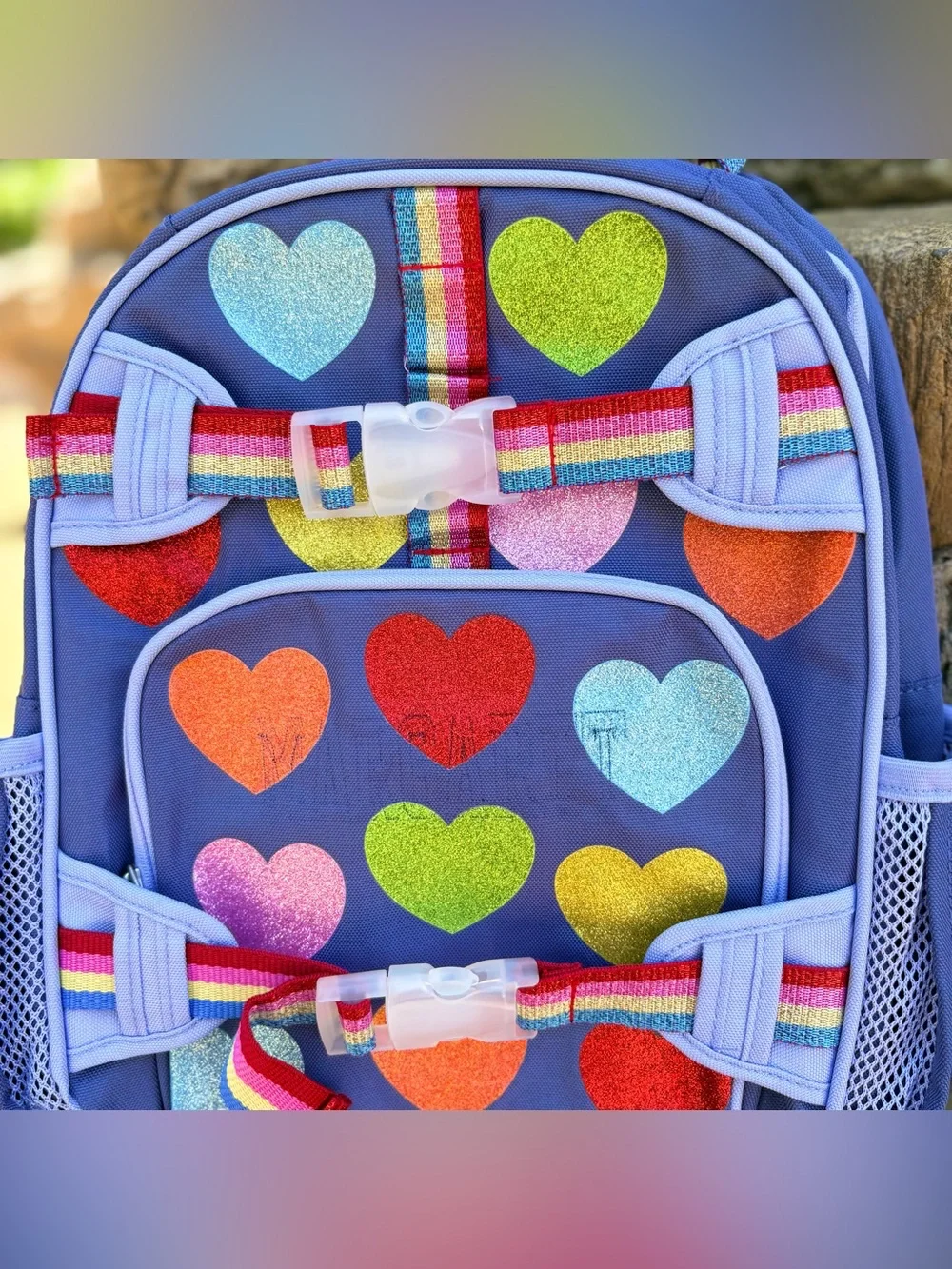 New Pottery Barn Mackenzie Rainbow Glitter Hearts Backpack Size Small